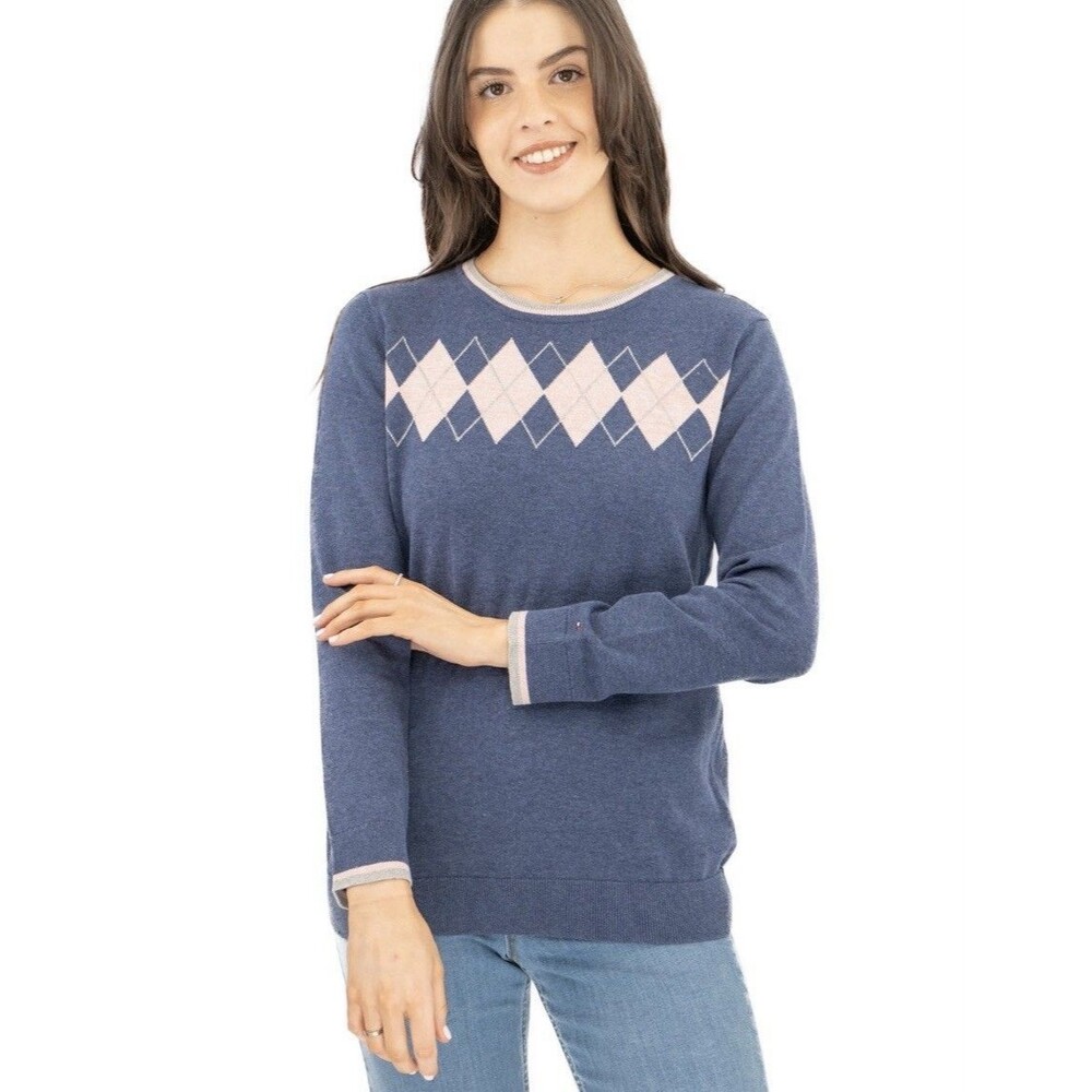 Womens Tommy Hilfiger Argyle Diamond Intarsia Cotton Long Sleeve Navy Pink XL